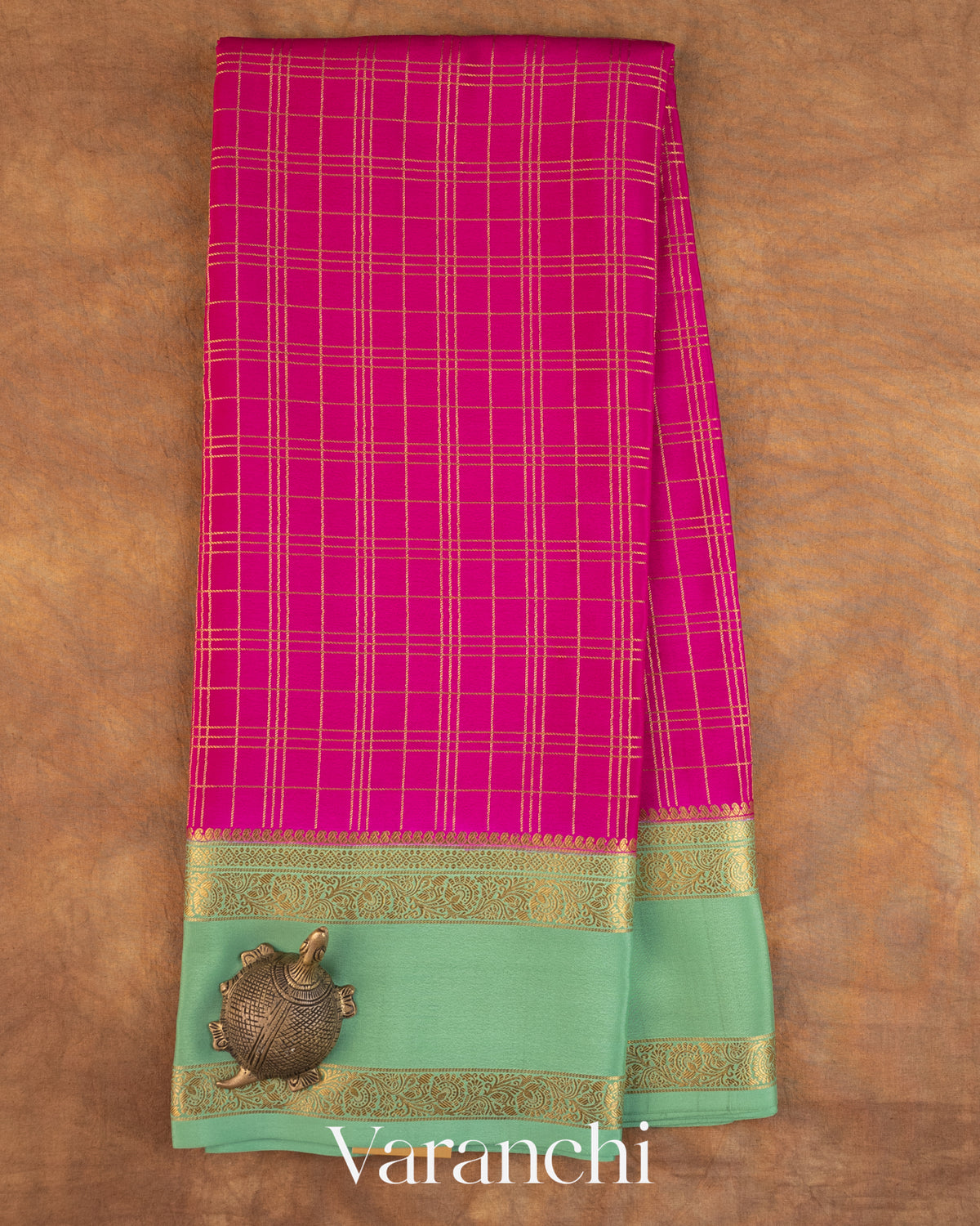 Magenta Pink Checkered Pure Mysore Crepe Silk Saree — Full Saree
