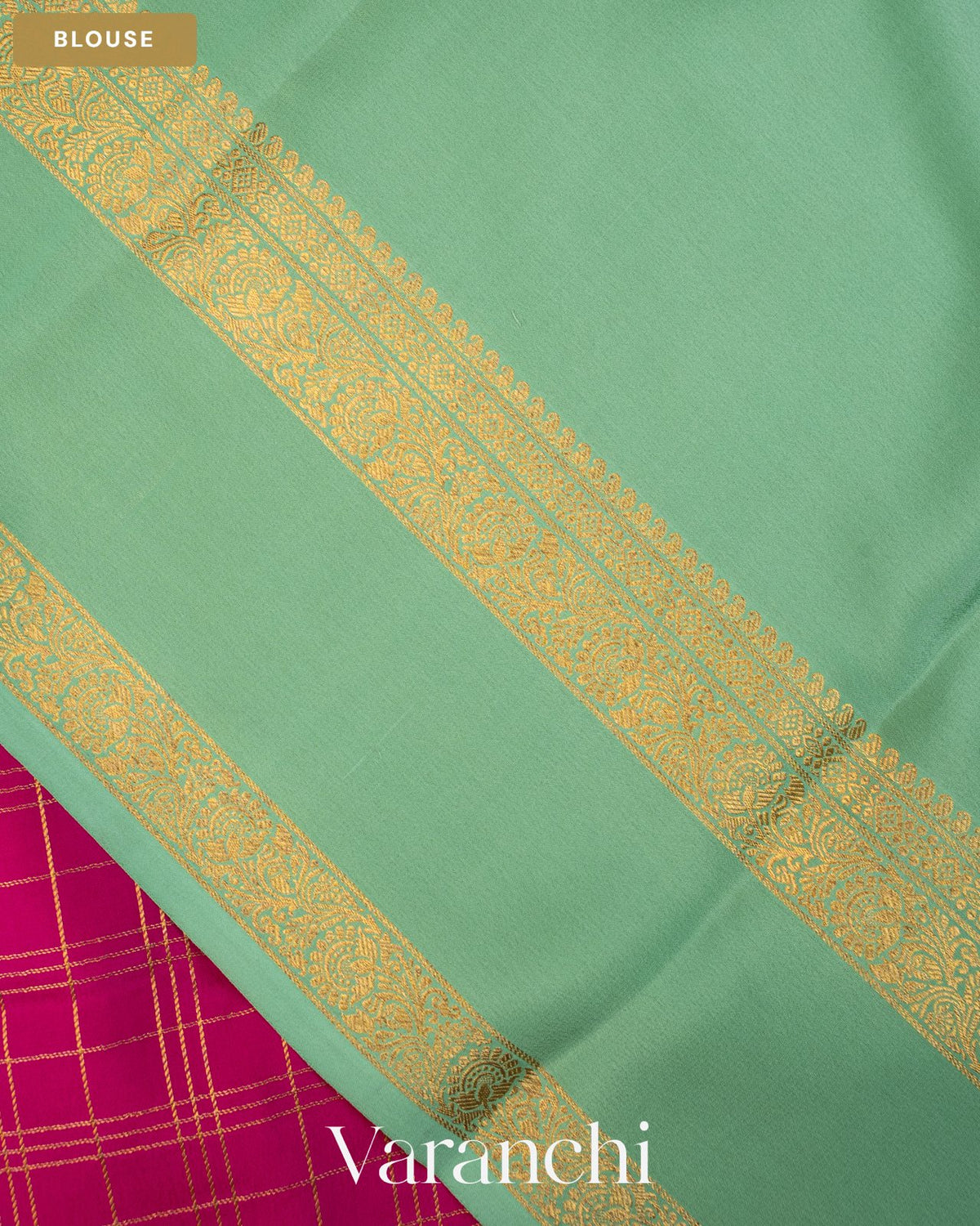 Magenta Pink Checkered Pure Mysore Crepe Silk Saree — Blouse