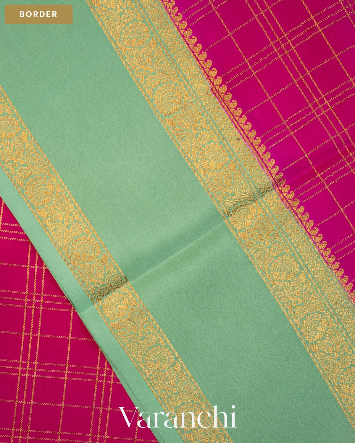 Magenta Pink Checkered Pure Mysore Crepe Silk Saree — Border