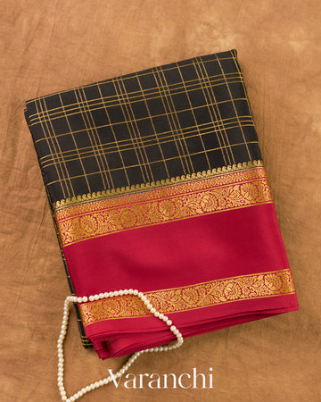 Jet Black Checkered Pure Mysore Crepe Silk Saree — Folded