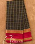 Jet Black Checkered Pure Mysore Crepe Silk Saree — Full Saree