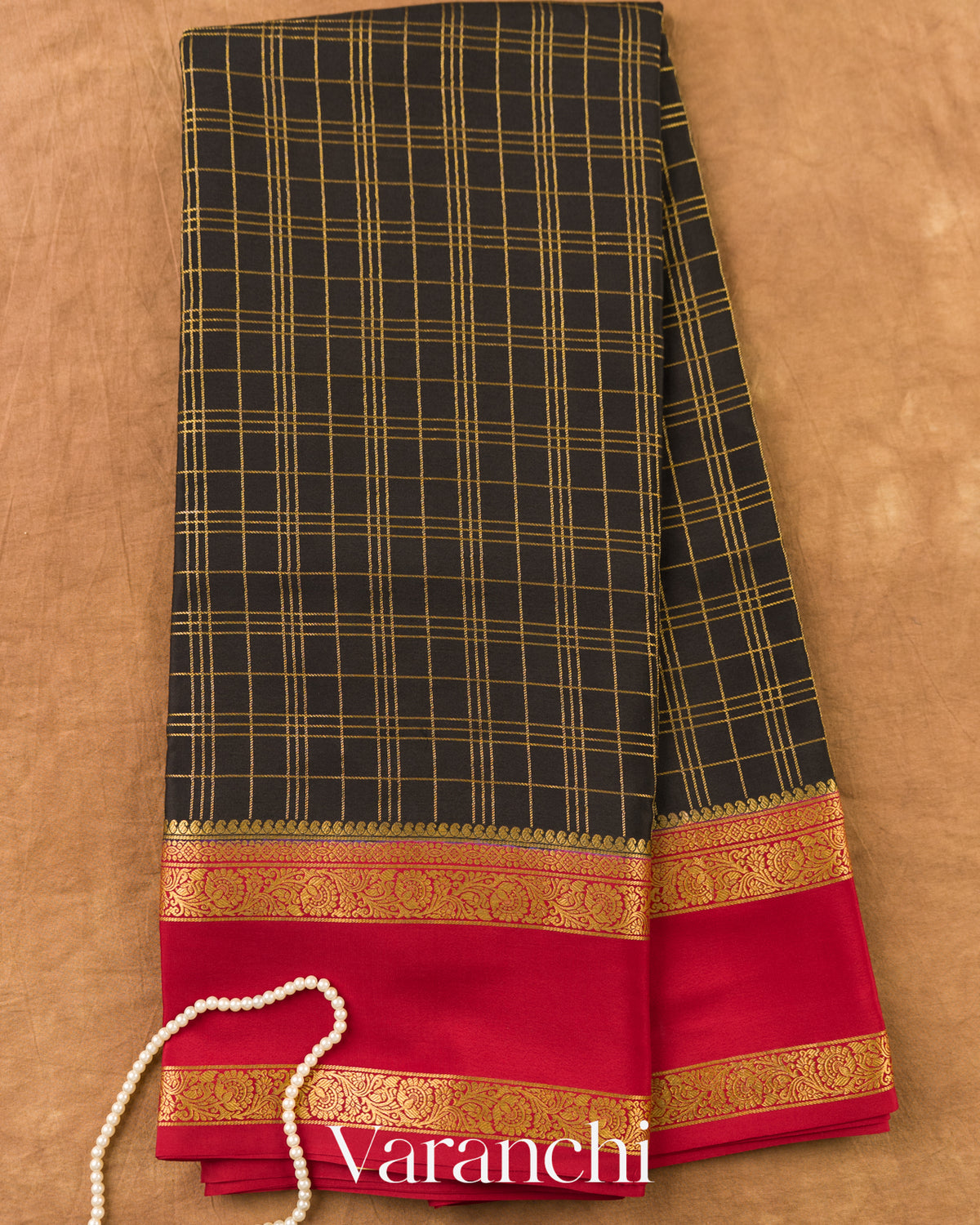 Jet Black Checkered Pure Mysore Crepe Silk Saree — Full Saree