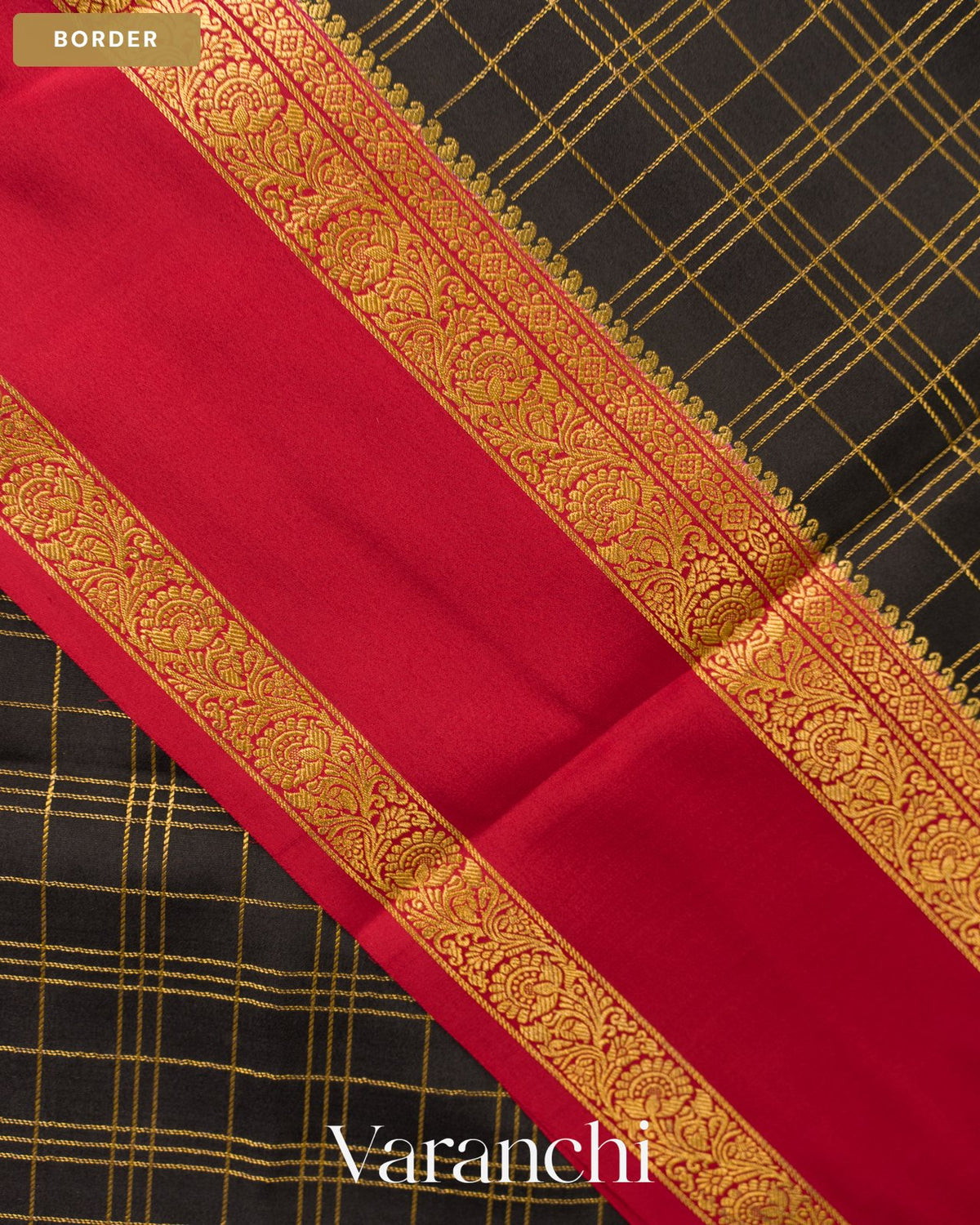 Jet Black Checkered Pure Mysore Crepe Silk Saree — Border