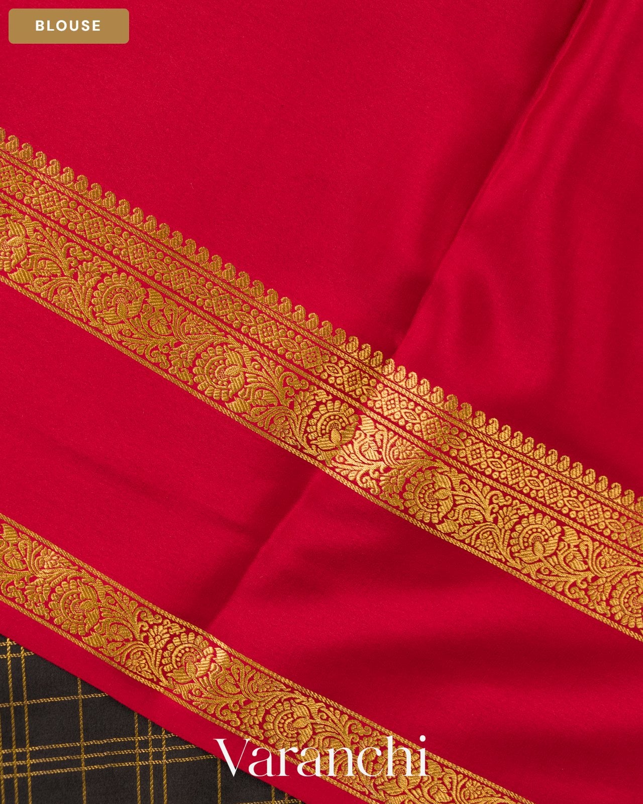 Jet Black Checkered Pure Mysore Crepe Silk Saree — Blouse
