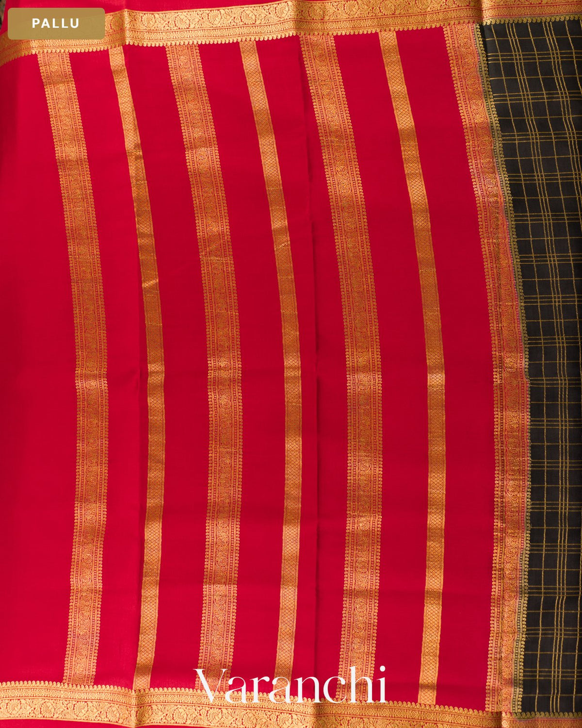 Jet Black Checkered Pure Mysore Crepe Silk Saree — Pallu