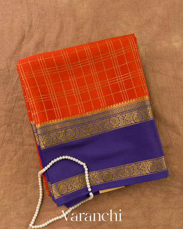 Rust Orange Checkered Pure Mysore Crepe Silk Saree — Folded