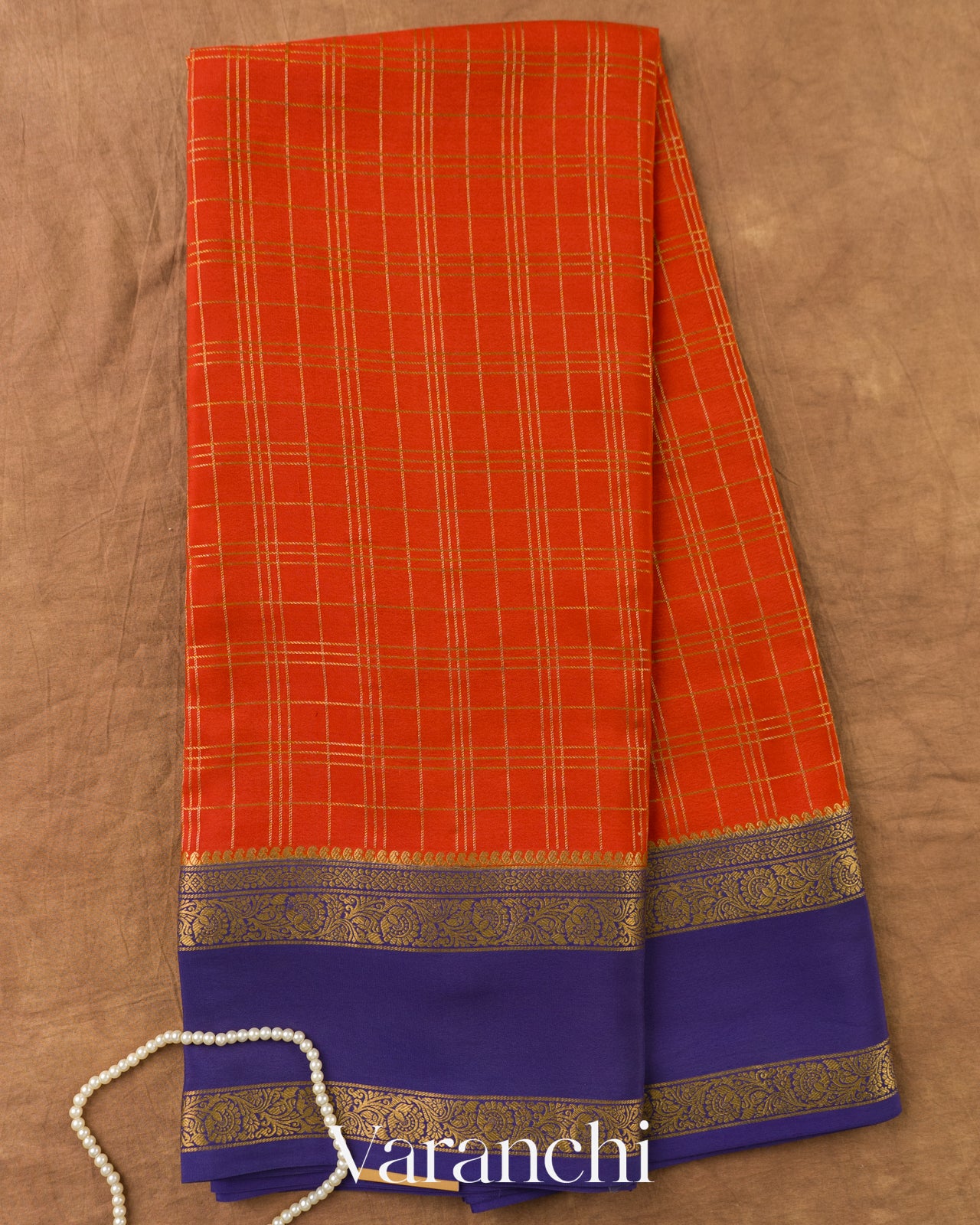 Rust Orange Checkered Pure Mysore Crepe Silk Saree — Full Saree