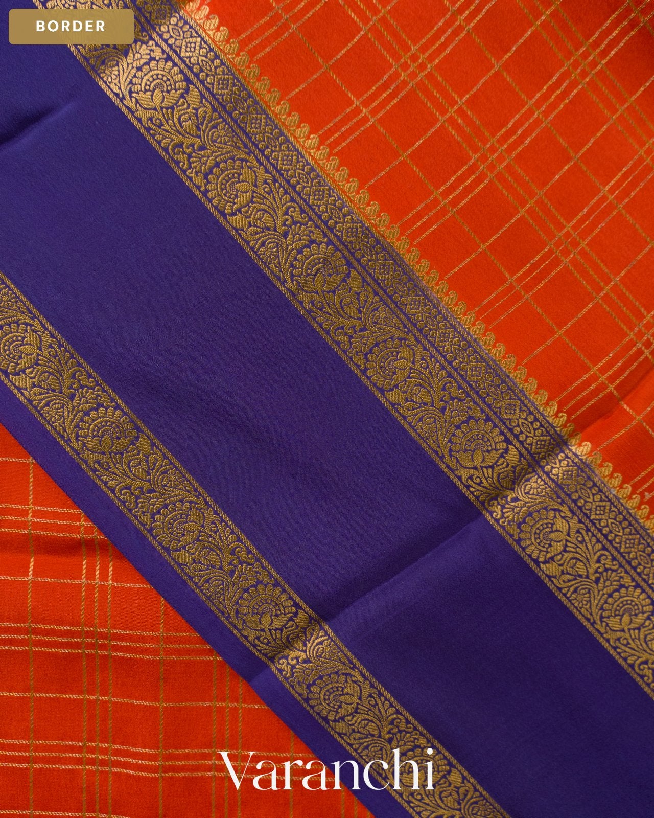 Rust Orange Checkered Pure Mysore Crepe Silk Saree — Border
