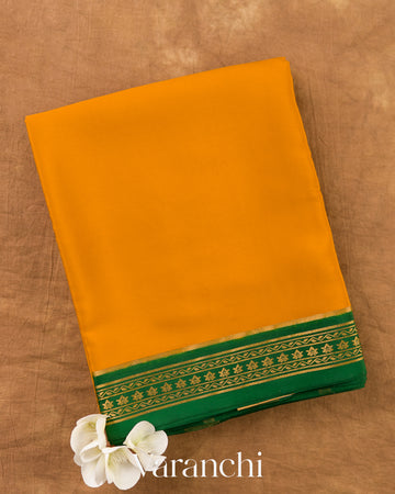Turmeric Yellow Pure Mysore Crepe Silk Saree — Folded