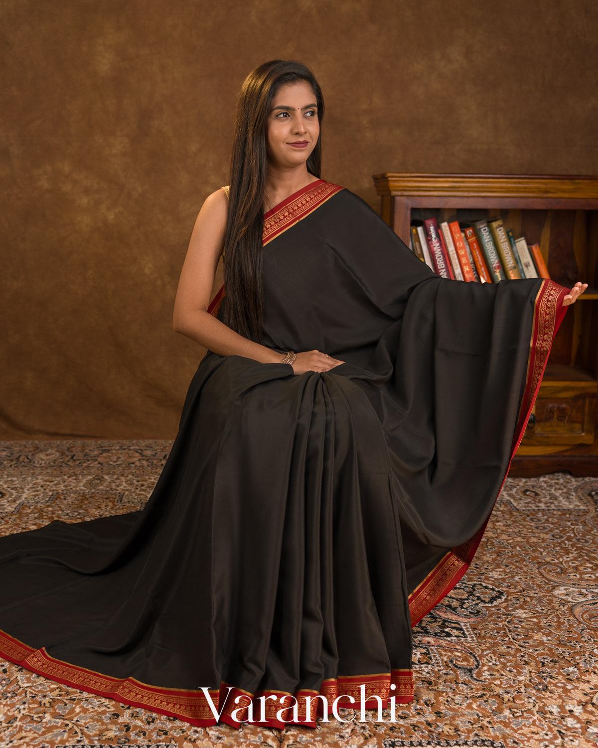 Jet Black Pure Mysore Crepe Silk Saree — Draped