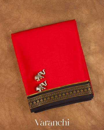 Bright Red Pure Mysore Crepe Silk Saree — Folded