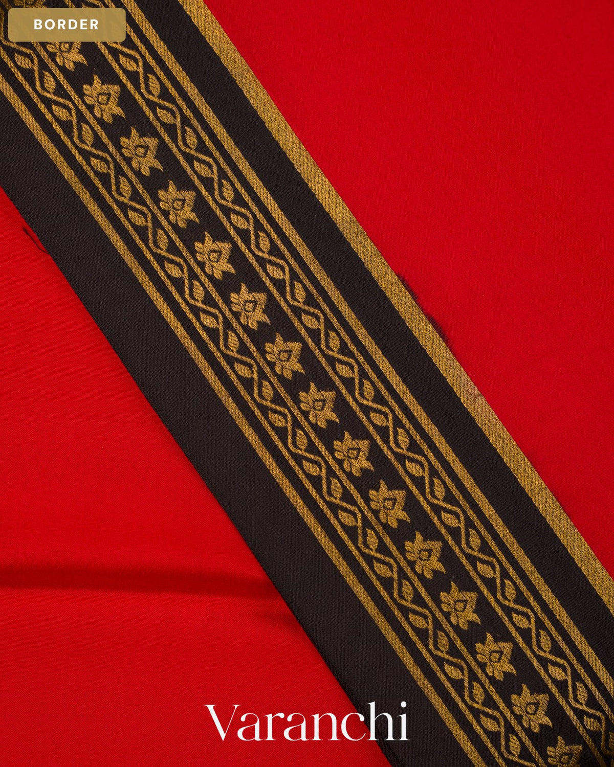 Bright Red Pure Mysore Crepe Silk Saree — Border