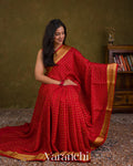 Bright Red Checkered Pure Mysore Crepe Silk Saree — Draped
