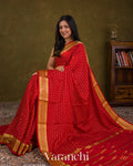 Bright Red Checkered Pure Mysore Crepe Silk Saree — Draped