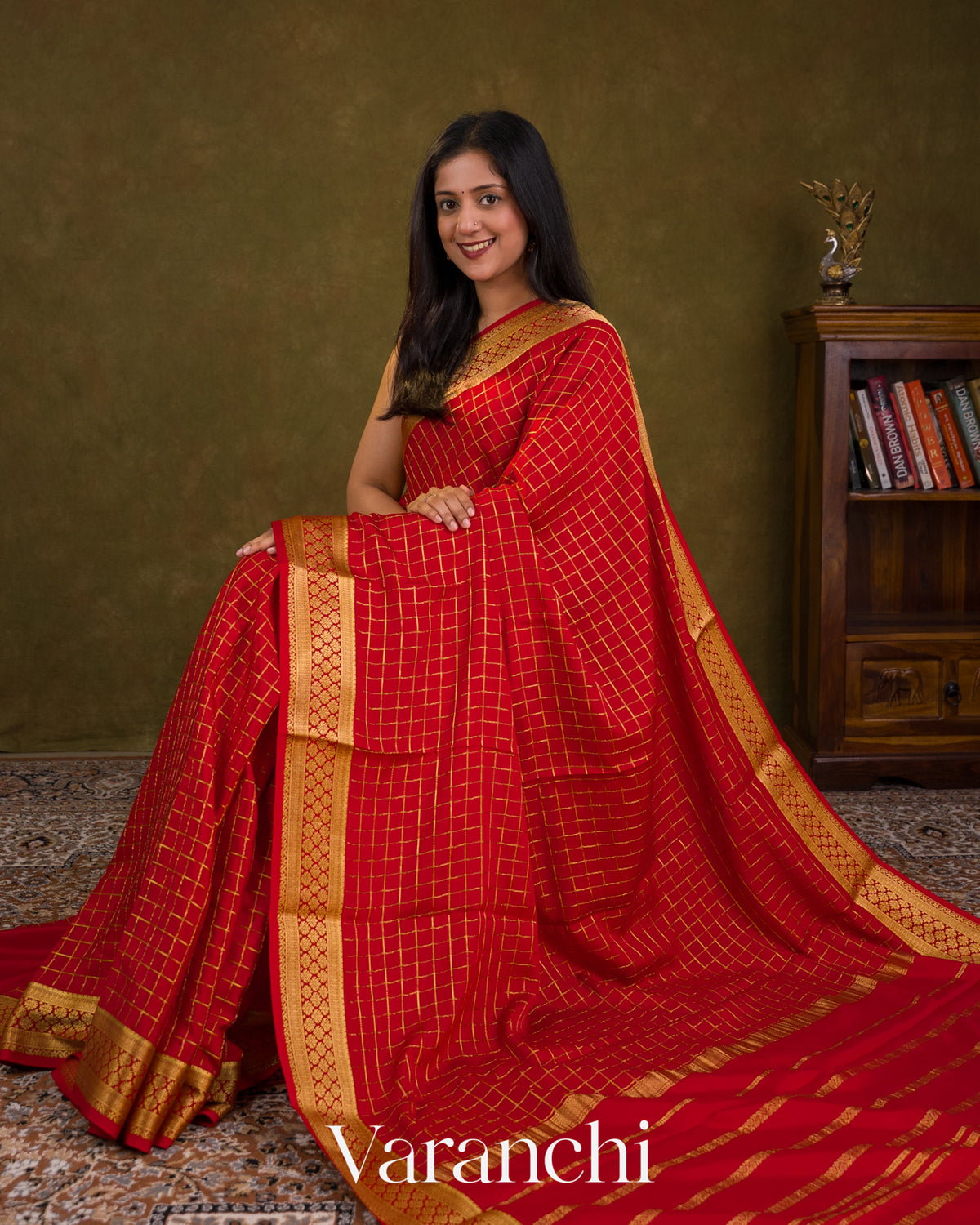 Bright Red Checkered Pure Mysore Crepe Silk Saree — Draped
