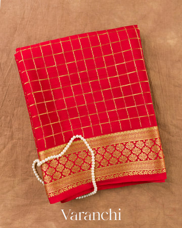 Bright Red Checkered Pure Mysore Crepe Silk Saree — Folded