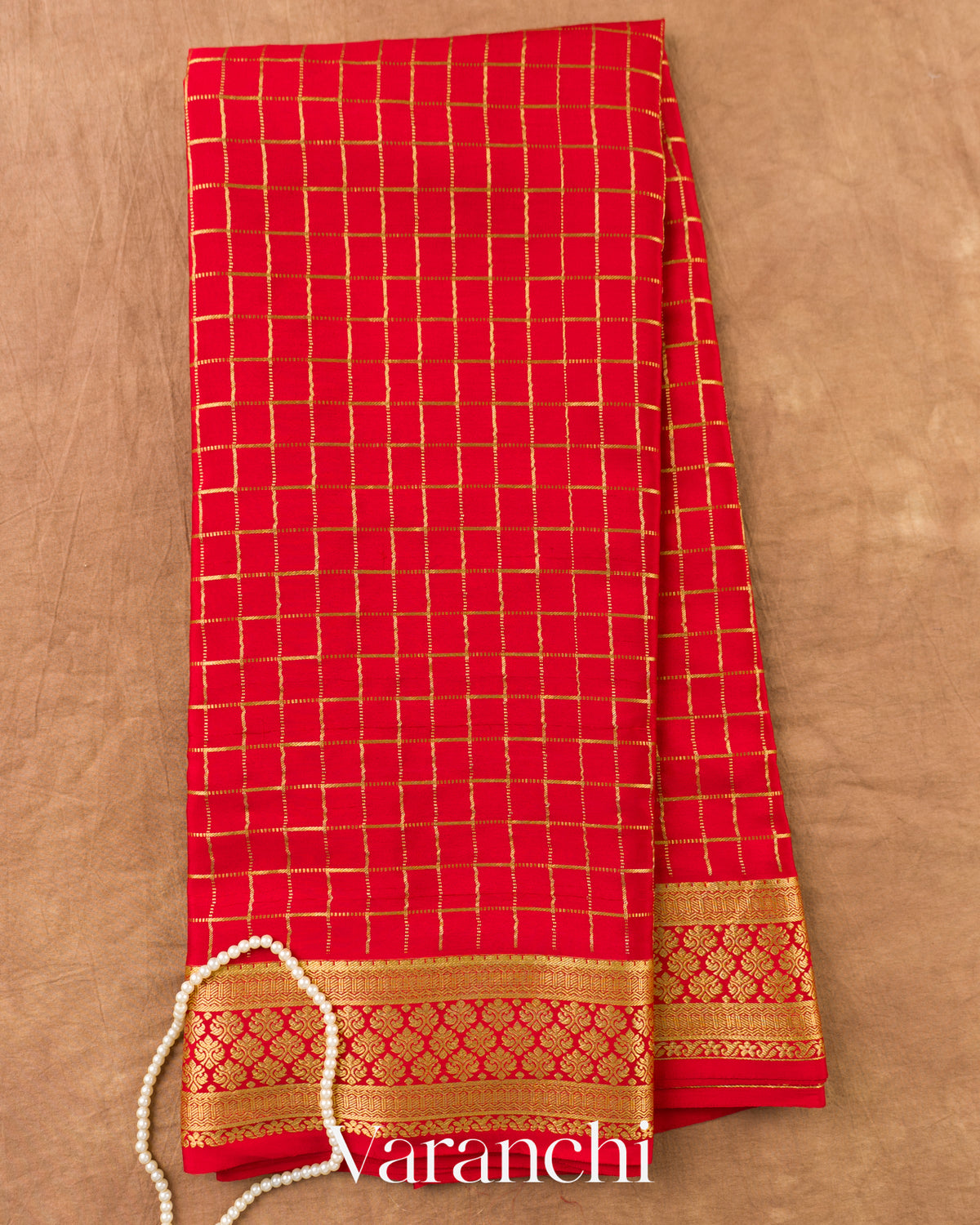 Bright Red Checkered Pure Mysore Crepe Silk Saree — Full Saree