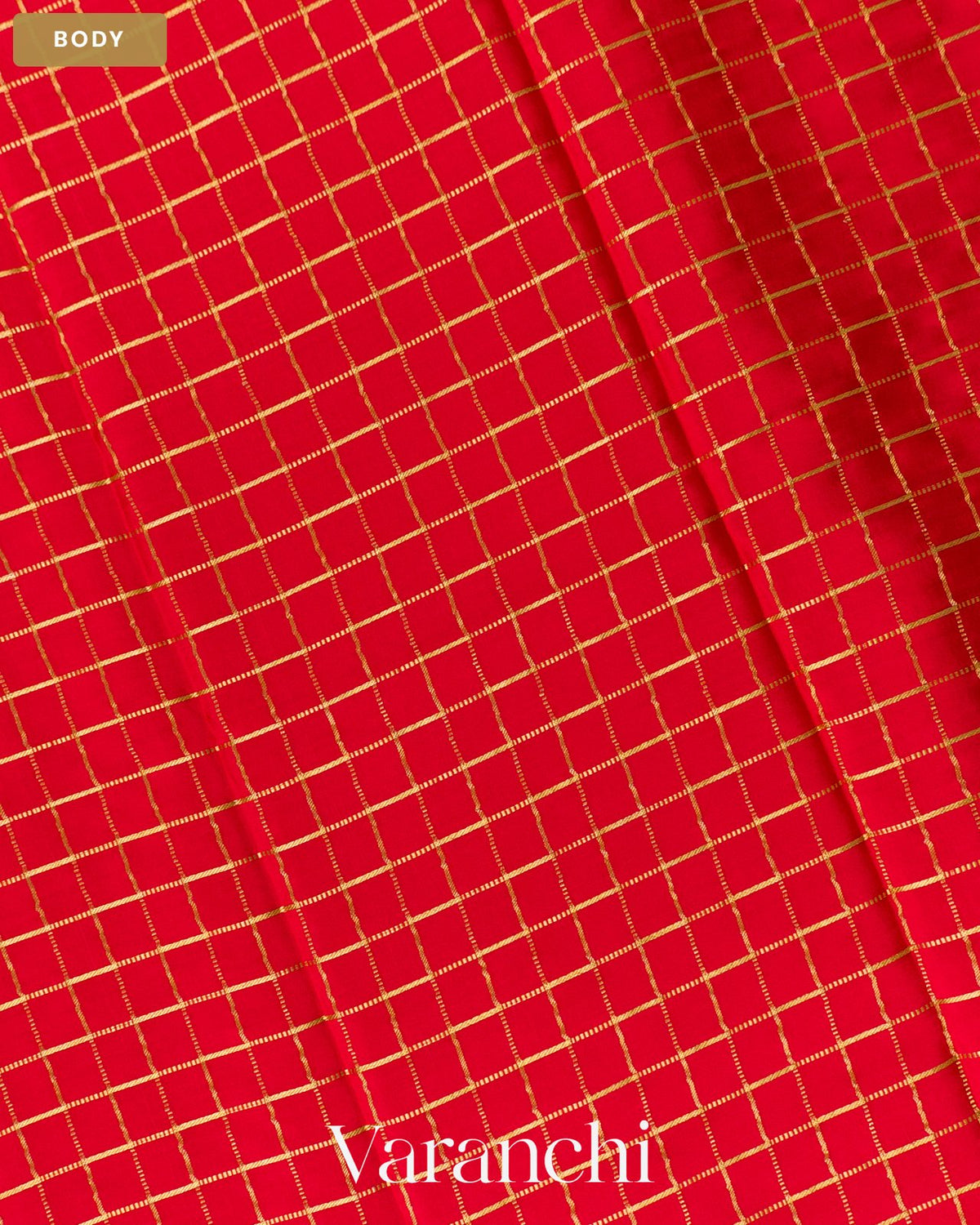 Bright Red Checkered Pure Mysore Crepe Silk Saree — Body