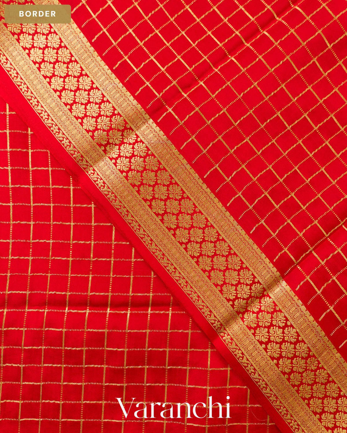 Bright Red Checkered Pure Mysore Crepe Silk Saree — Border
