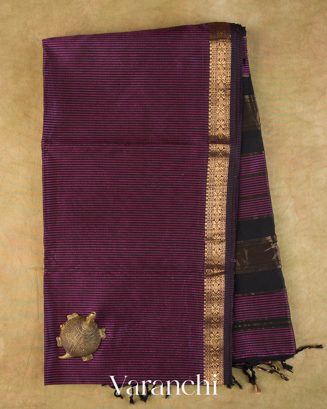 Deep Purple Striped Pure Maheshwari Silk Cotton Handloom Saree — Full Saree