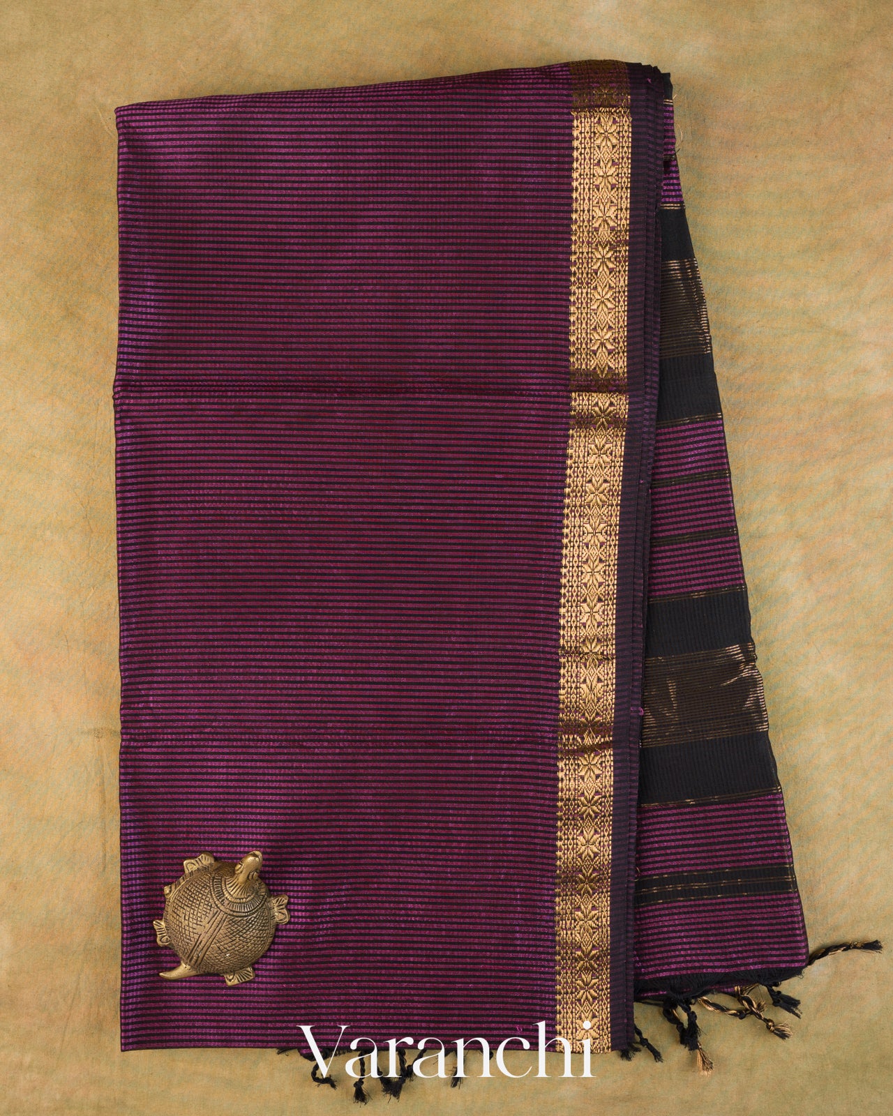 Deep Purple Striped Pure Maheshwari Silk Cotton Handloom Saree — Full Saree