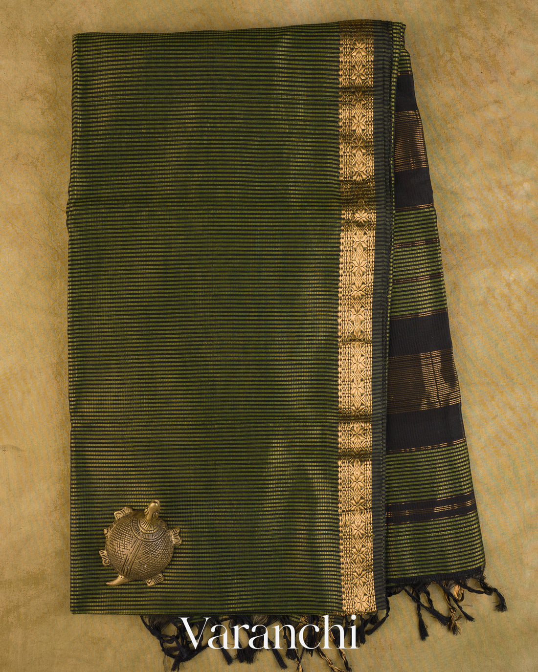 Olive Green Striped Pure Maheshwari Silk Cotton Handloom Saree — Full Saree