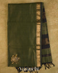 Olive Green Striped Pure Maheshwari Silk Cotton Handloom Saree — Full Saree