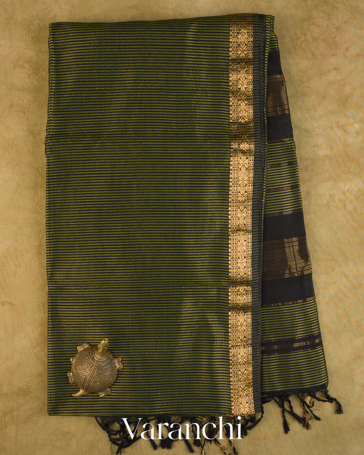 Olive Green Striped Pure Maheshwari Silk Cotton Handloom Saree — Full Saree