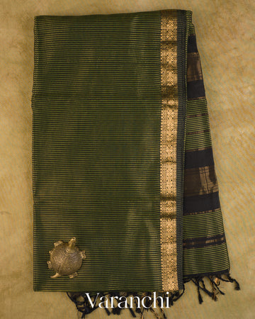 Olive Green Striped Pure Maheshwari Silk Cotton Handloom Saree — Full Saree