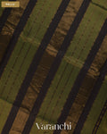 Olive Green Striped Pure Maheshwari Silk Cotton Handloom Saree — Pallu