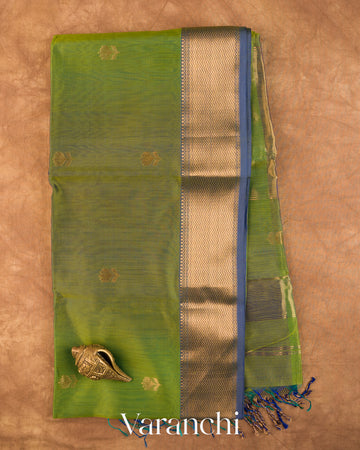 Parrot Green Ombre -Dyed Pure Maheshwari Silk Cotton Handloom Saree — Full Saree