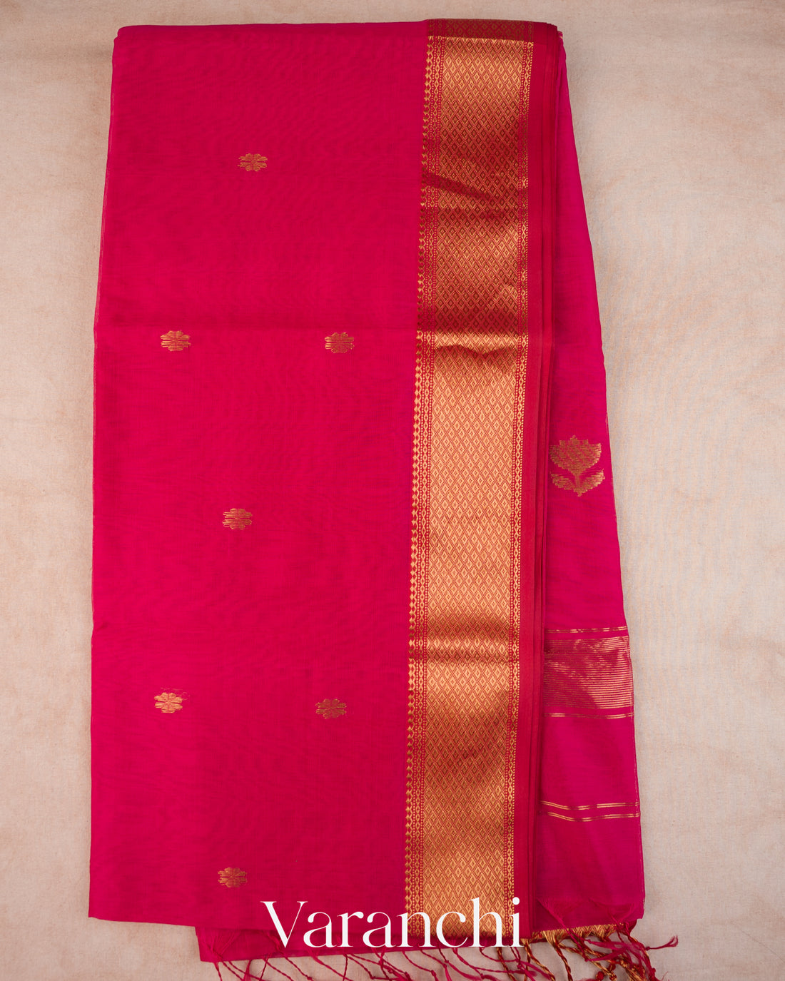 Rani Pink Pure Maheshwari Silk Cotton Handloom Saree — Full Saree