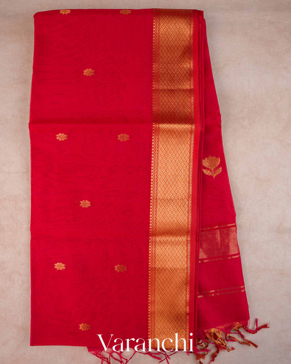 Bright Red Pure Maheshwari Silk Cotton Handloom Saree — Full Saree