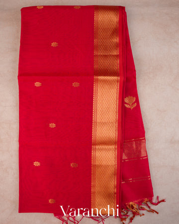 Bright Red Pure Maheshwari Silk Cotton Handloom Saree — Full Saree