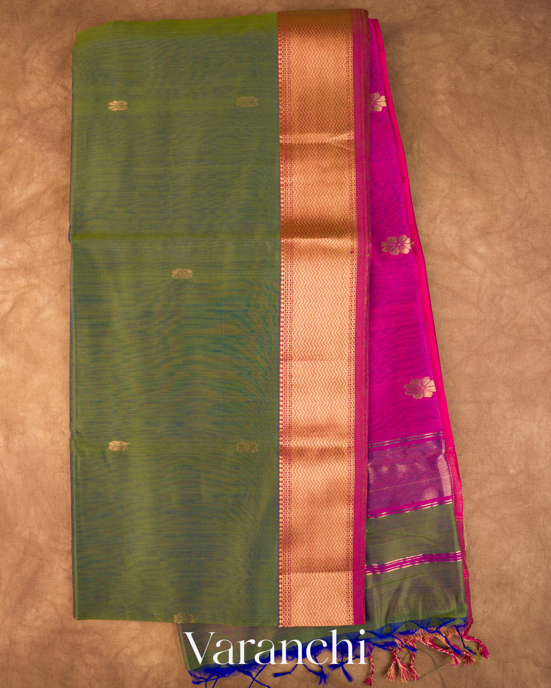 Olive Green Pure Maheshwari Silk Cotton Handloom Saree — Full Saree