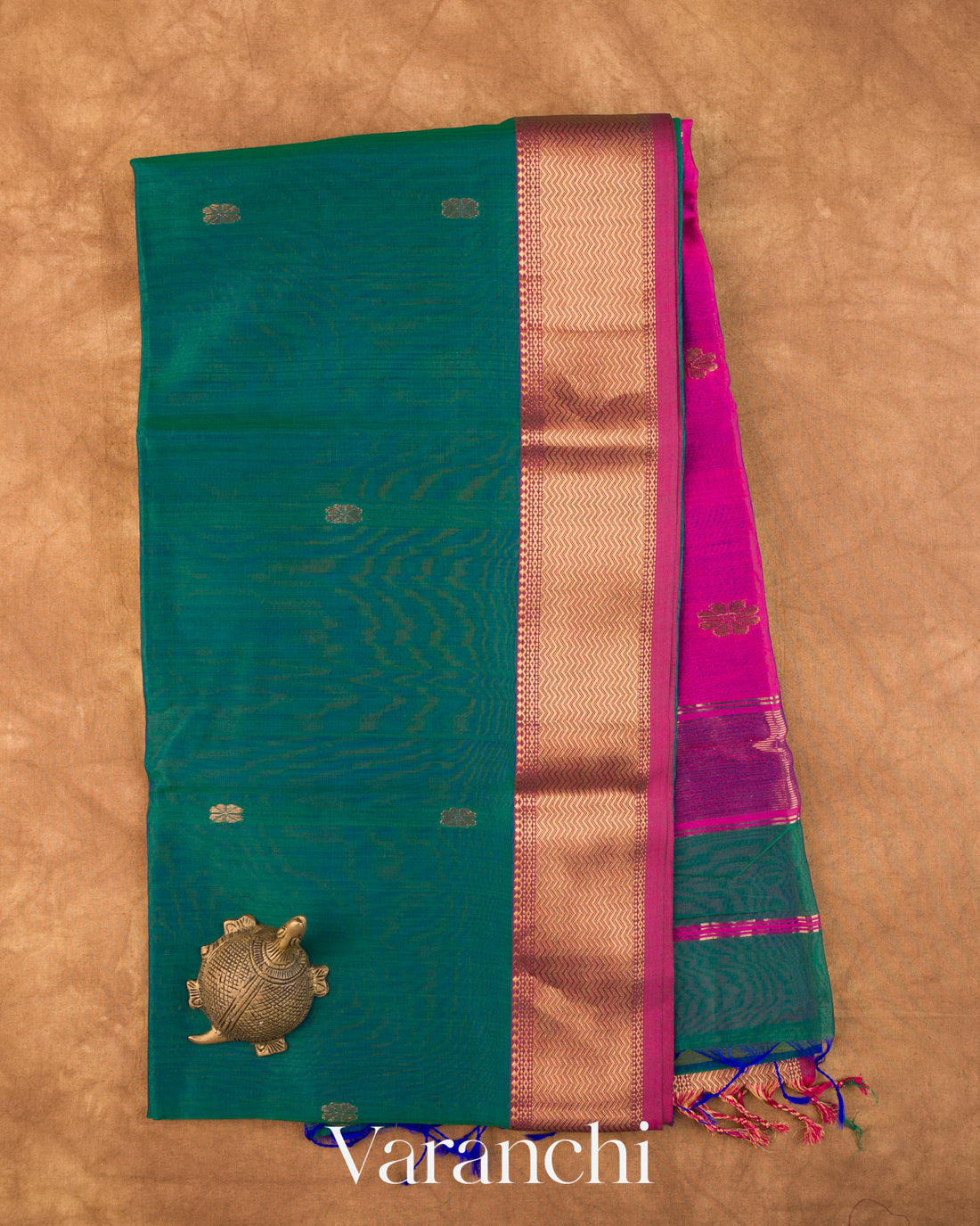 Rama Green Pure Maheshwari Silk Cotton Handloom Saree — Full Saree