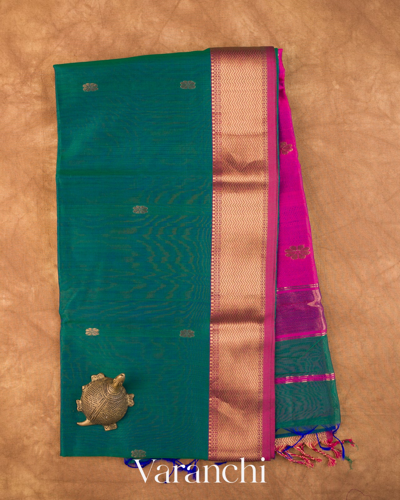 Rama Green Pure Maheshwari Silk Cotton Handloom Saree — Full Saree