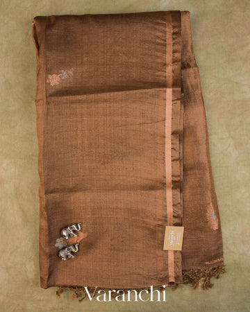 Coco Brown Jamdani Pure Tussar Tissue Silk Saree — Full Saree