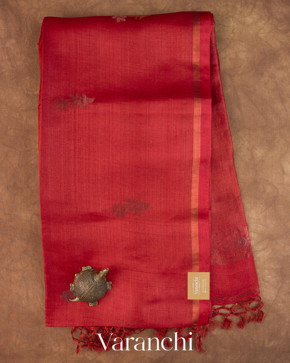 Coral Red Jamdani Pure Tussar Tissue Silk Saree — Full Saree