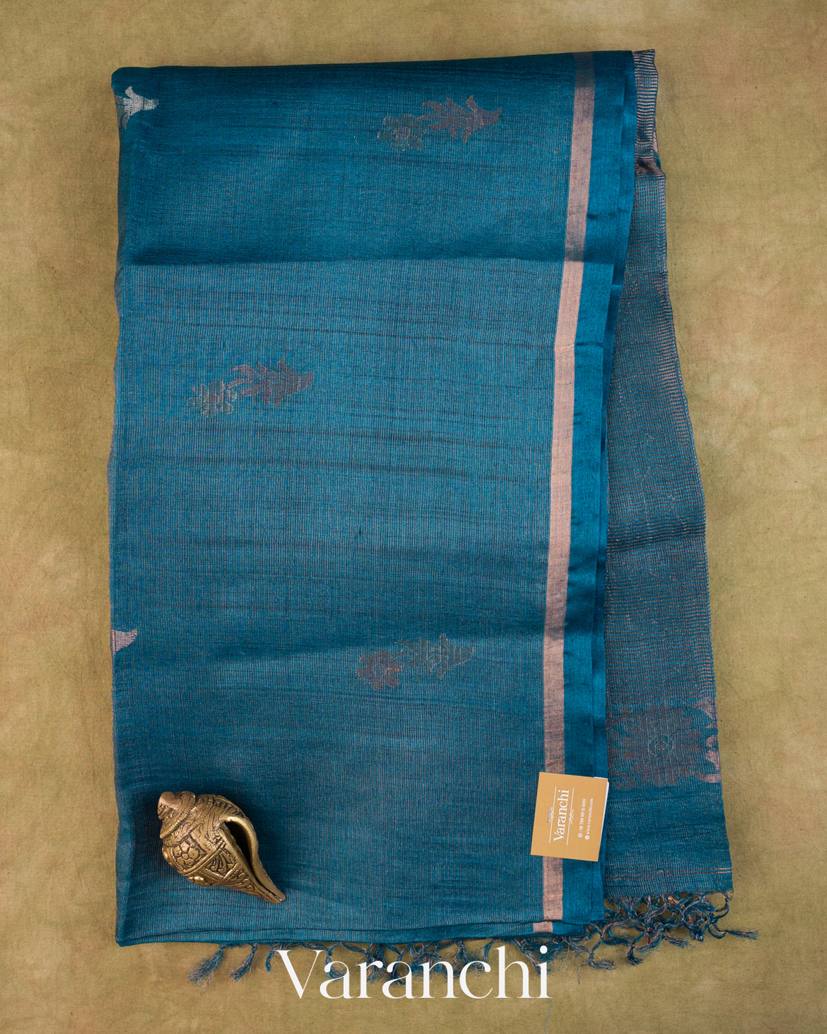 Teal Blue Jamdani Pure Tussar Tissue Silk Saree — Full Saree
