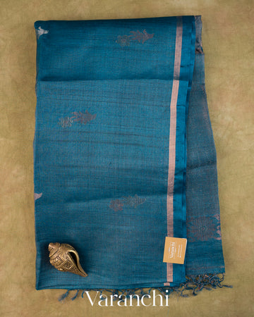 Teal Blue Jamdani Pure Tussar Tissue Silk Saree — Full Saree