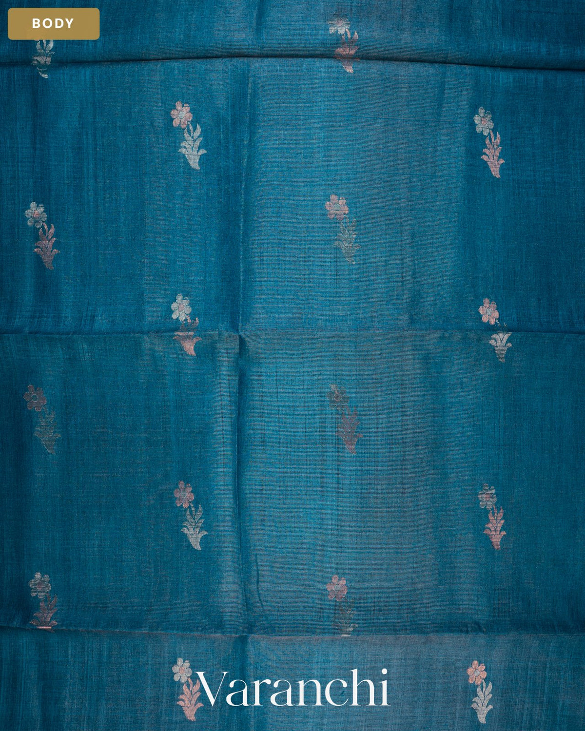 Teal Blue Jamdani Pure Tussar Tissue Silk Saree — Body
