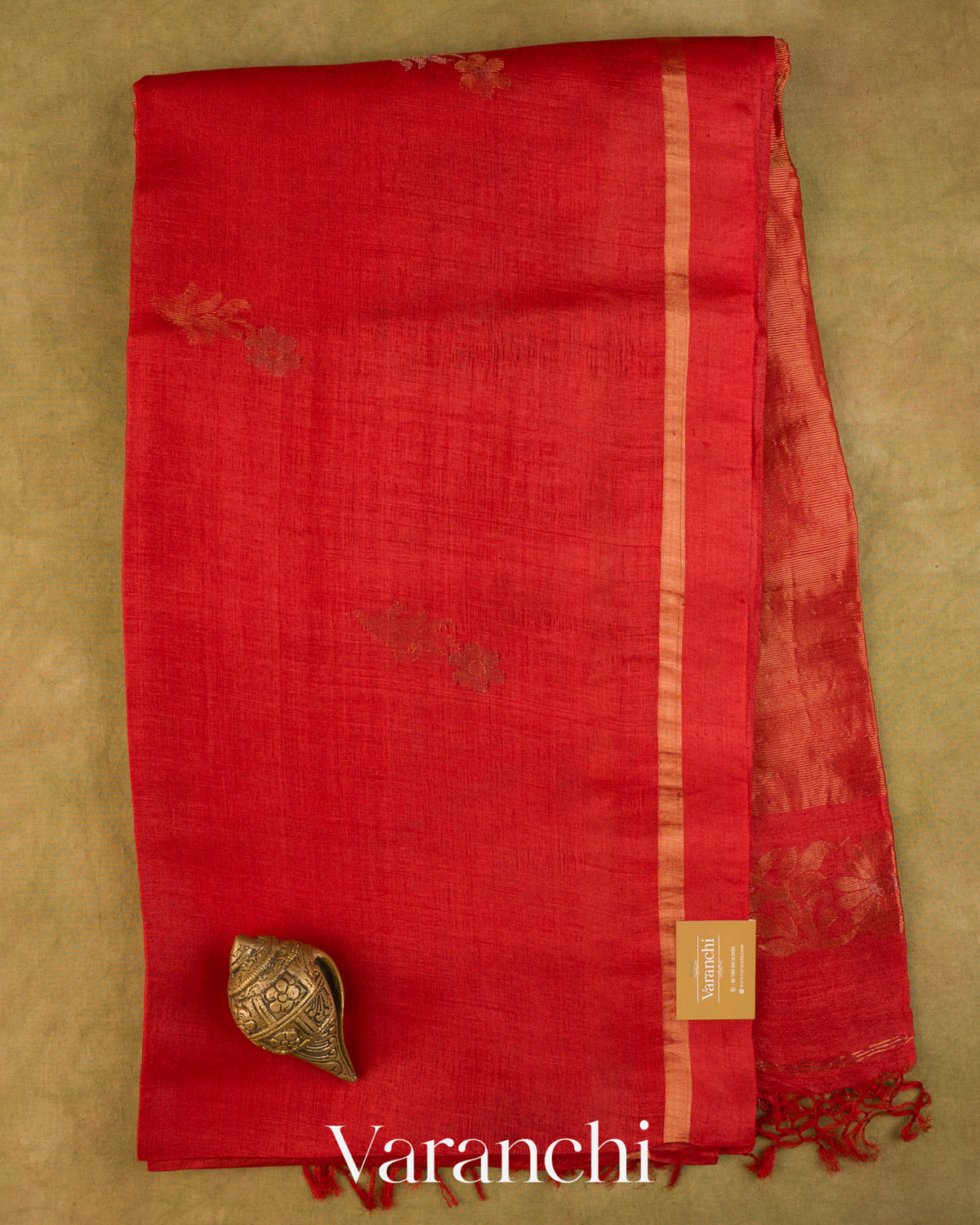 Tulip Red Jamdani Pure Tussar Tissue Silk Saree — Full Saree