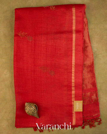 Tulip Red Jamdani Pure Tussar Tissue Silk Saree — Full Saree