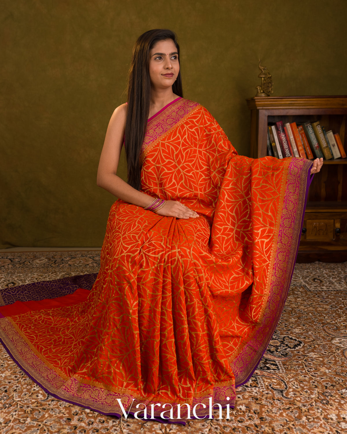 Marigold Orange Pure Crepe Silk Handloom Saree — Draped