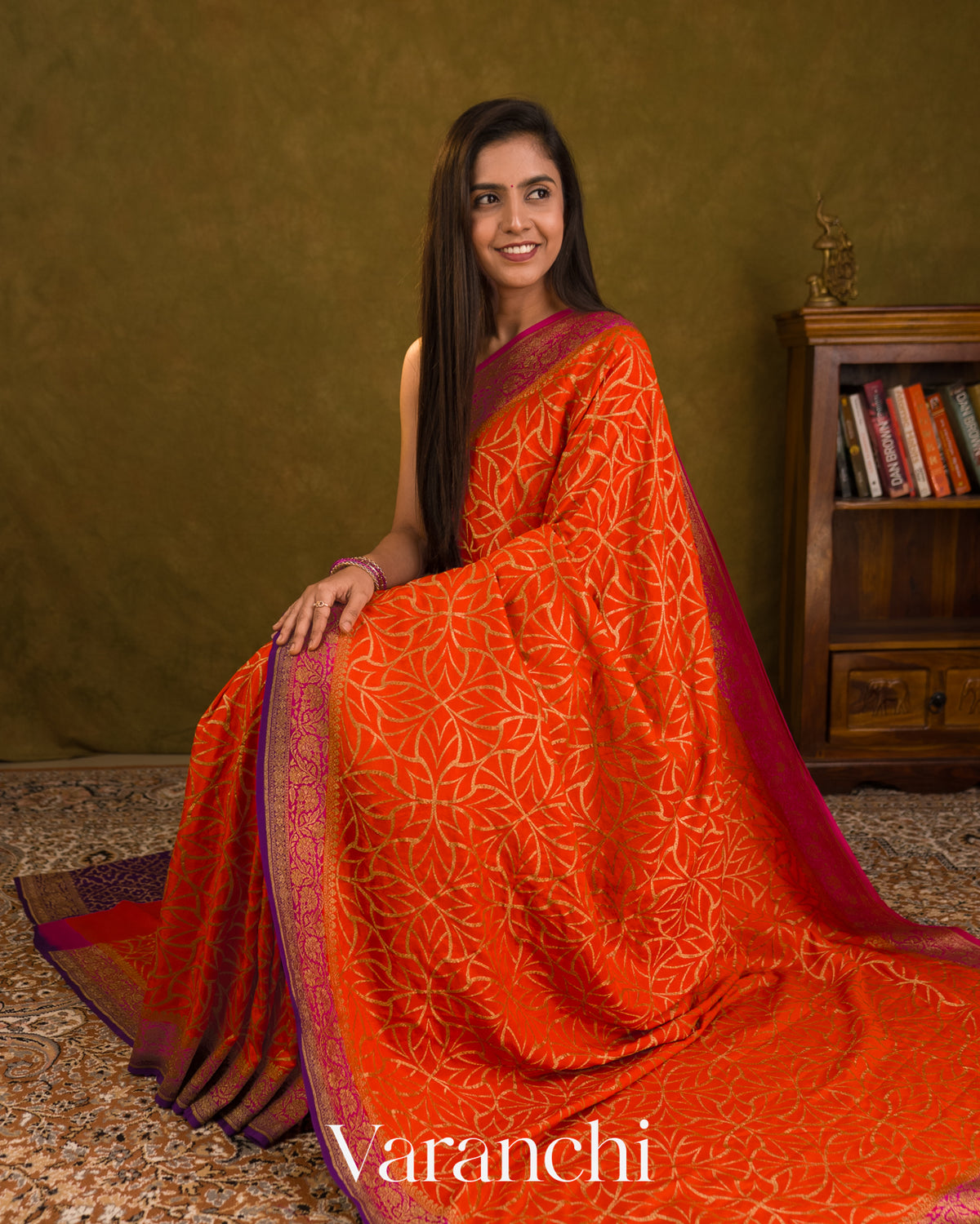 Marigold Orange Pure Crepe Silk Handloom Saree — Draped