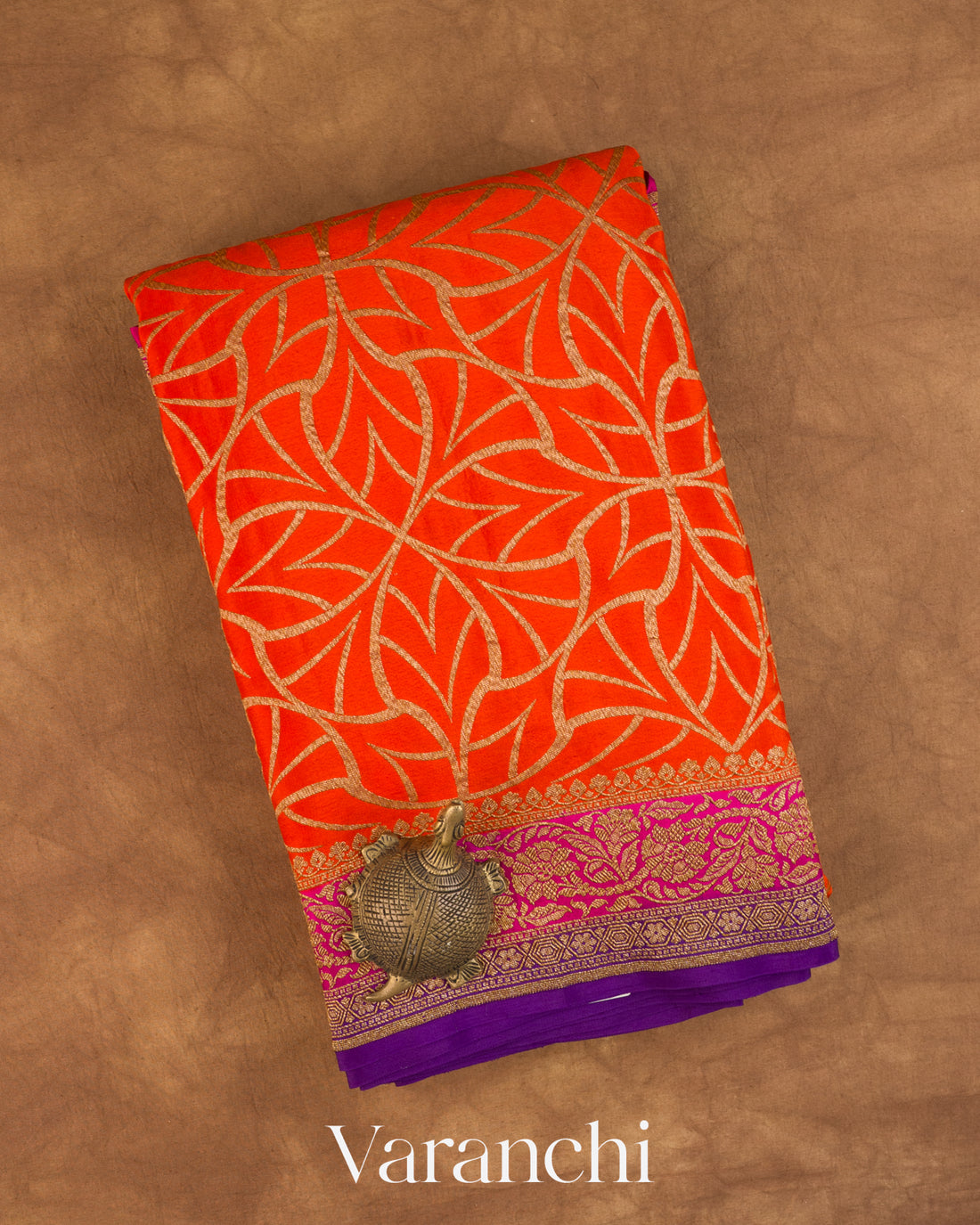 Marigold Orange Pure Crepe Silk Handloom Saree — Folded