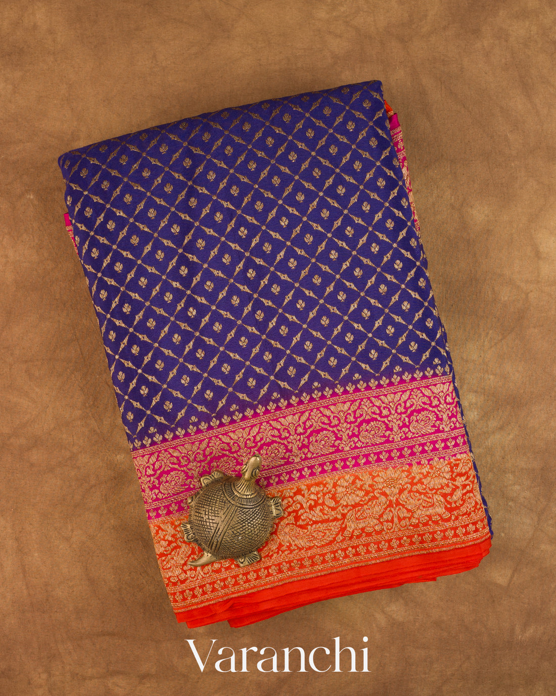 Navy Blue Jaal Pure Crepe Silk Handloom Saree — Folded