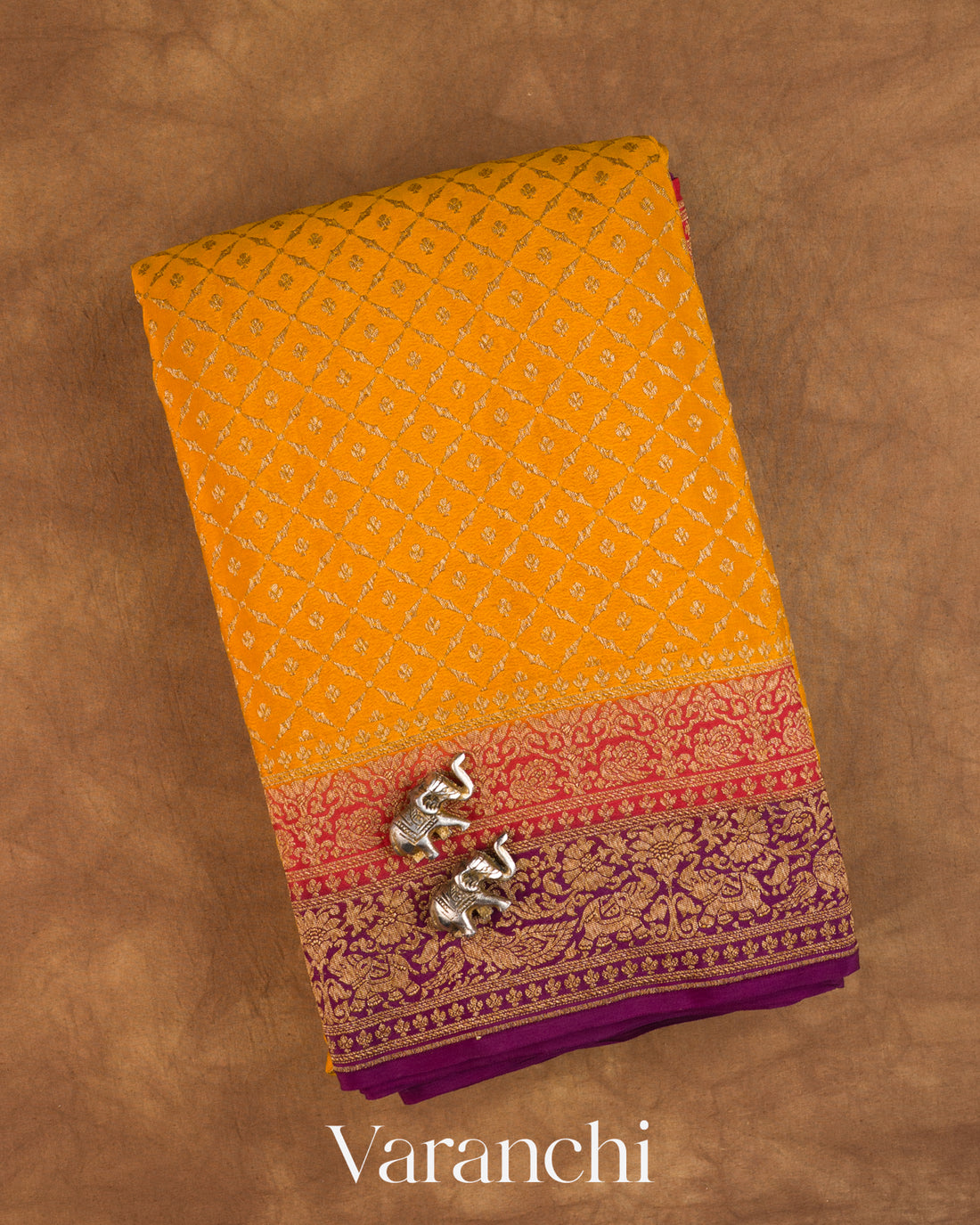 Turmeric Yellow Jaal Pure Crepe Silk Handloom Saree — Folded