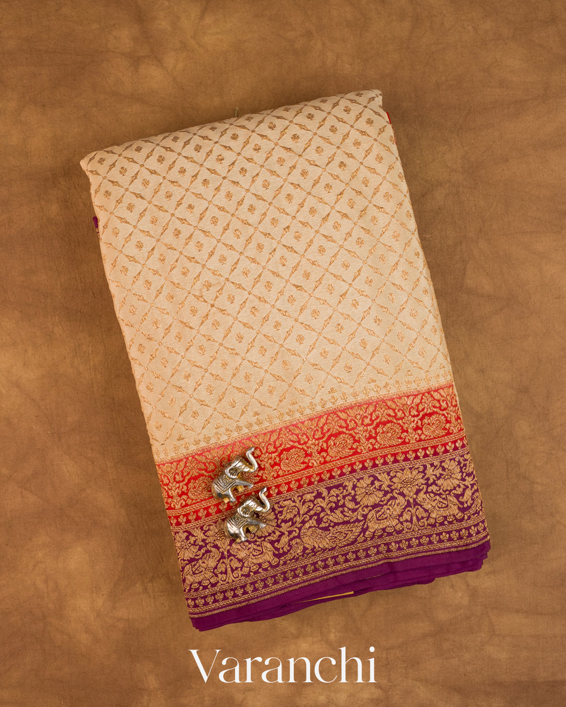 Ivory Jaal Pure Crepe Silk Handloom Saree — Folded
